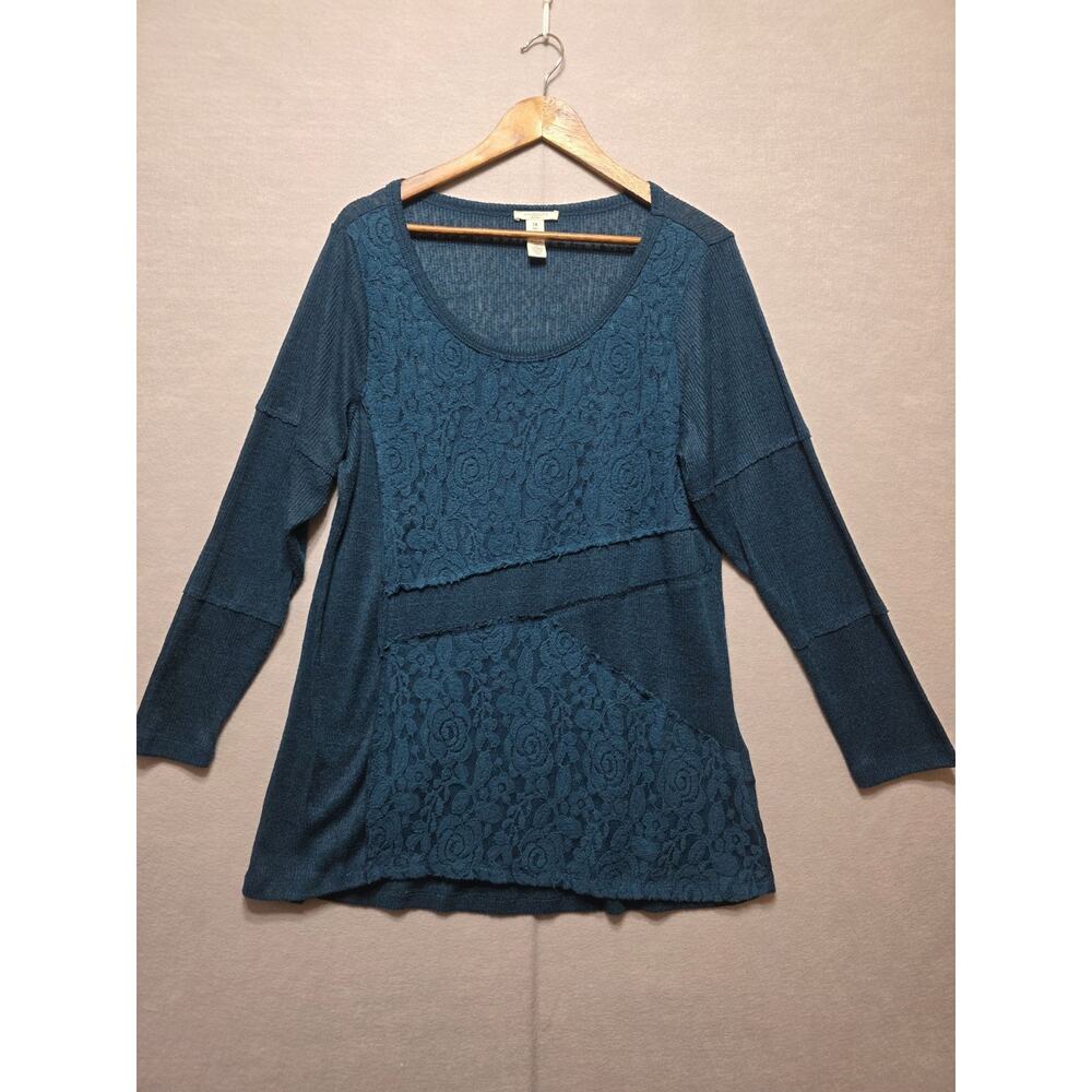 Westbound Woman 1X Plus Size Teal Lace Tunic Sweater Long Sleeve Top